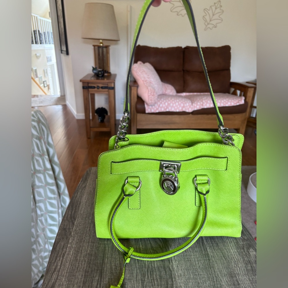 Michael Kors Hamilton Saffiano Leather Satchel – Lime Green with Silver Hardware